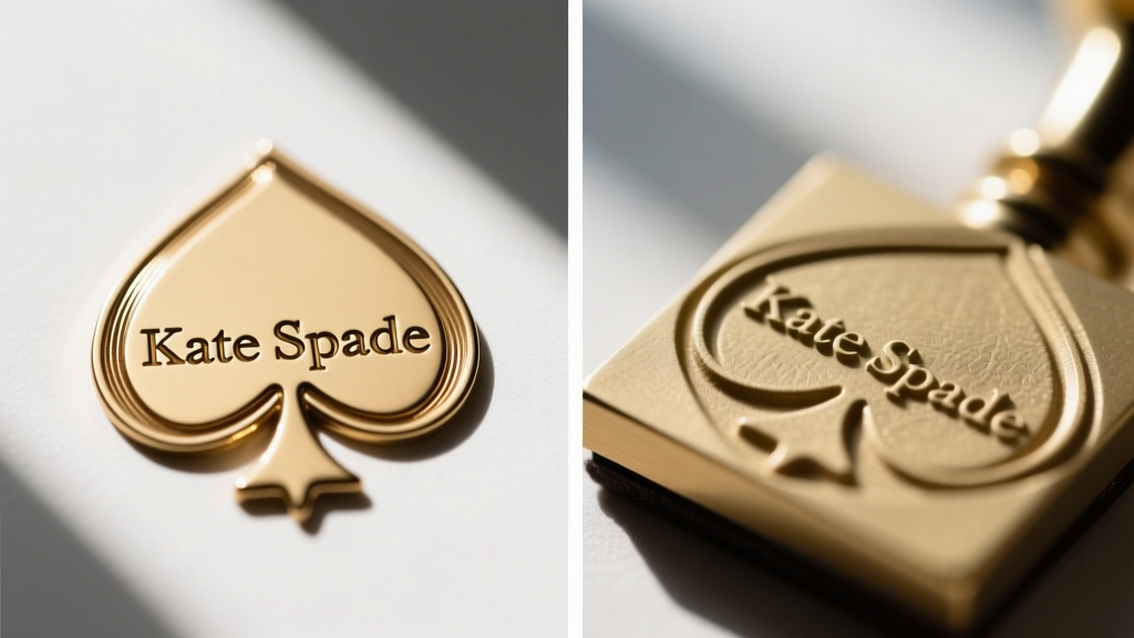 Side-by-side macro comparison of a genuine Kate Spade spade logo engraving versus a blurred, shallow counterfeit stamp on brass