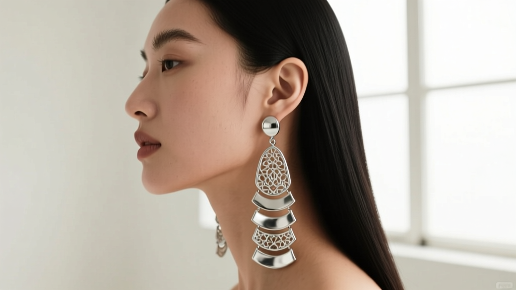 Side profile of a model wearing heavy silver long dangle earrings, illustrating center of gravity and earlobe weight distribution.
