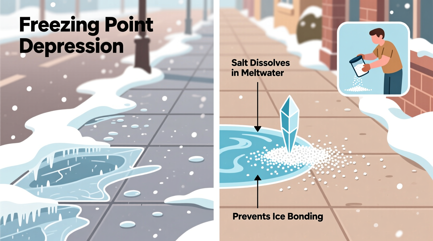 why do people put salt on sidewalks when it snows how it actually works