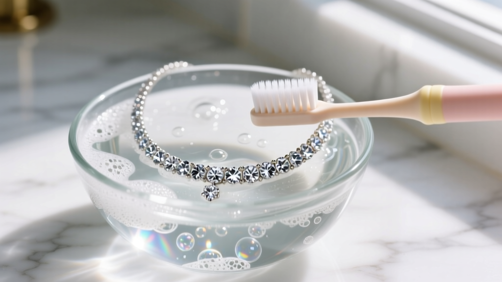 A soft-bristled baby toothbrush gently scrubbing a diamond tennis bling necklace submerged in a glass bowl of soapy water