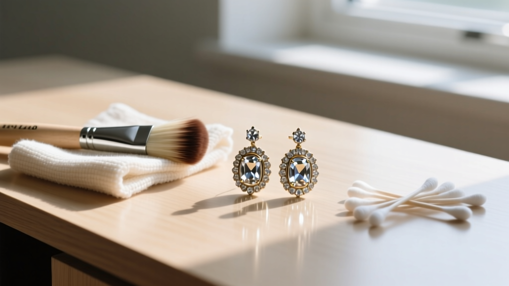 Soft brush, microfiber cloth, and cotton swabs on a desk used to clean a vintage foil-backed rhinestone earring setting.