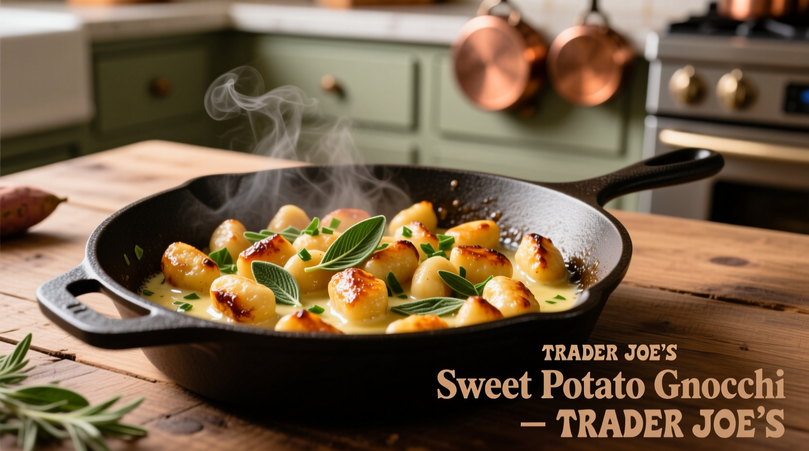 Trader Joe's sweet potato gnocchi cooked in skillet with sage butter