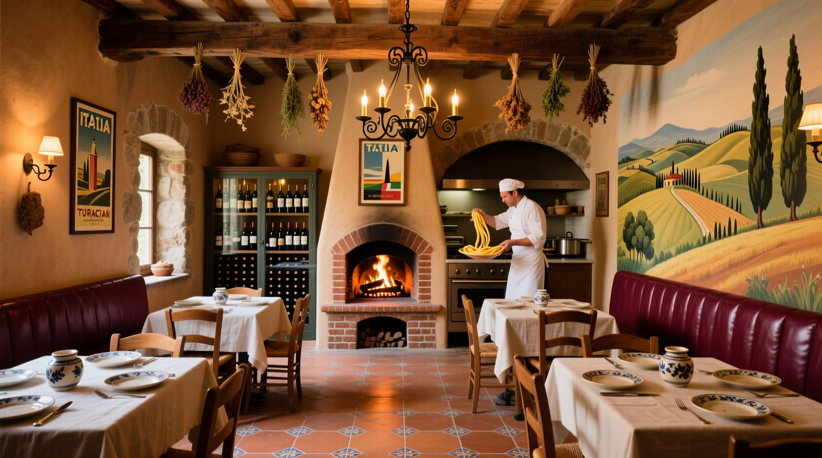 Plum Tomato restaurant interior with rustic Italian decor