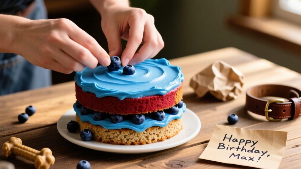 Close-up of hands assembling cake layers with blueberry frosting between them