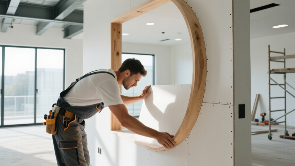 Worker bending flexible 1/4-inch gypsum board around a curved wood wall frame in a bright modern residential construction site