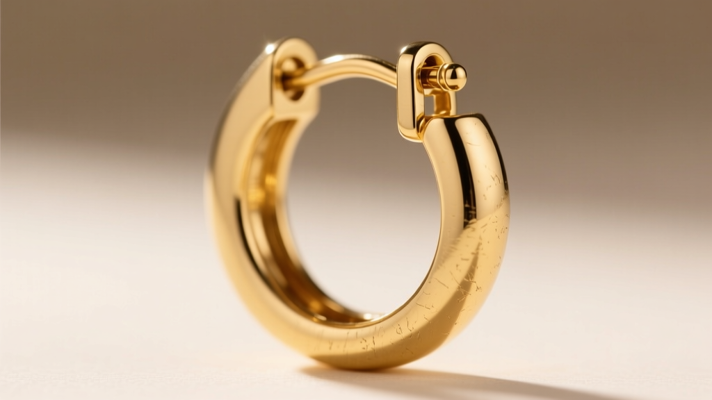 Macro shot of brushed gold hoop earring hinge closure showing the interlocking latch and 18-gauge post against a blurred background