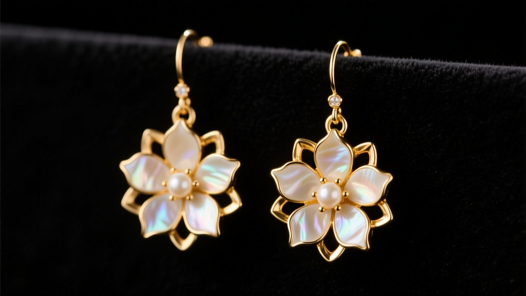 Gold vermeil dangle earrings flower design with white mother-of-pearl petals on dark velvet under warm studio lighting