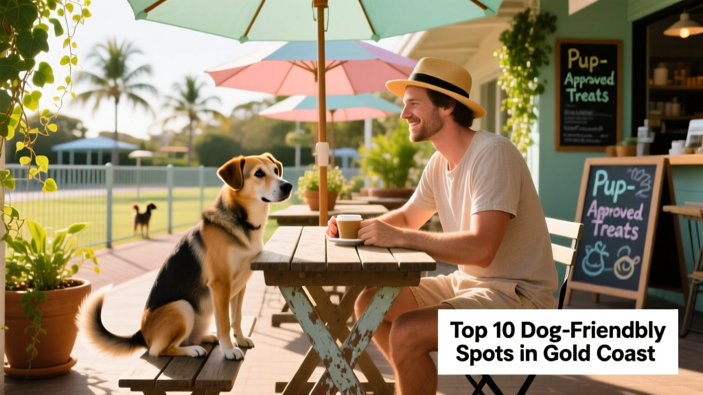 A relaxed dog sitting beside its owner at an outdoor table at a vibrant, dog-friendly cafe with umbrellas and potted plants