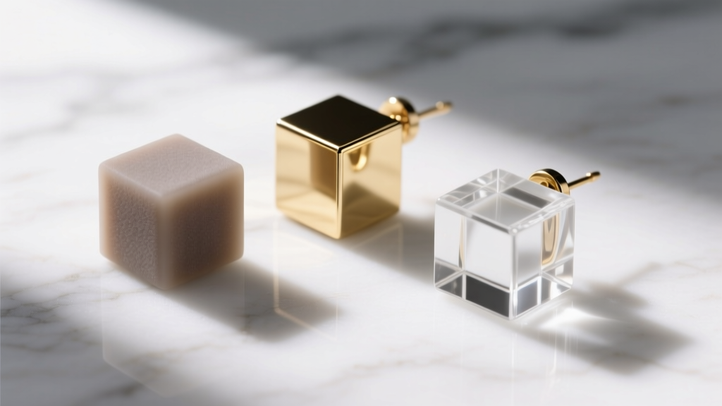 Macro shot of three geometric block earrings in matte resin, polished brass, and clear acrylic resting on a white marble surface
