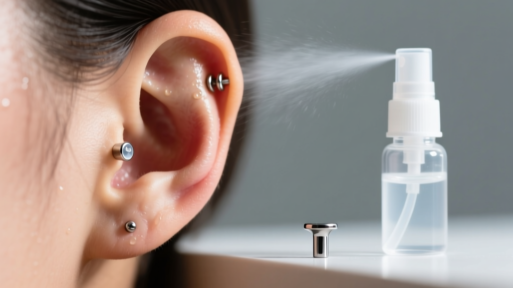 Macro photo of a swollen earlobe piercing next to a sterile saline spray bottle and an ASTM F-136 titanium flat-back labret stud.