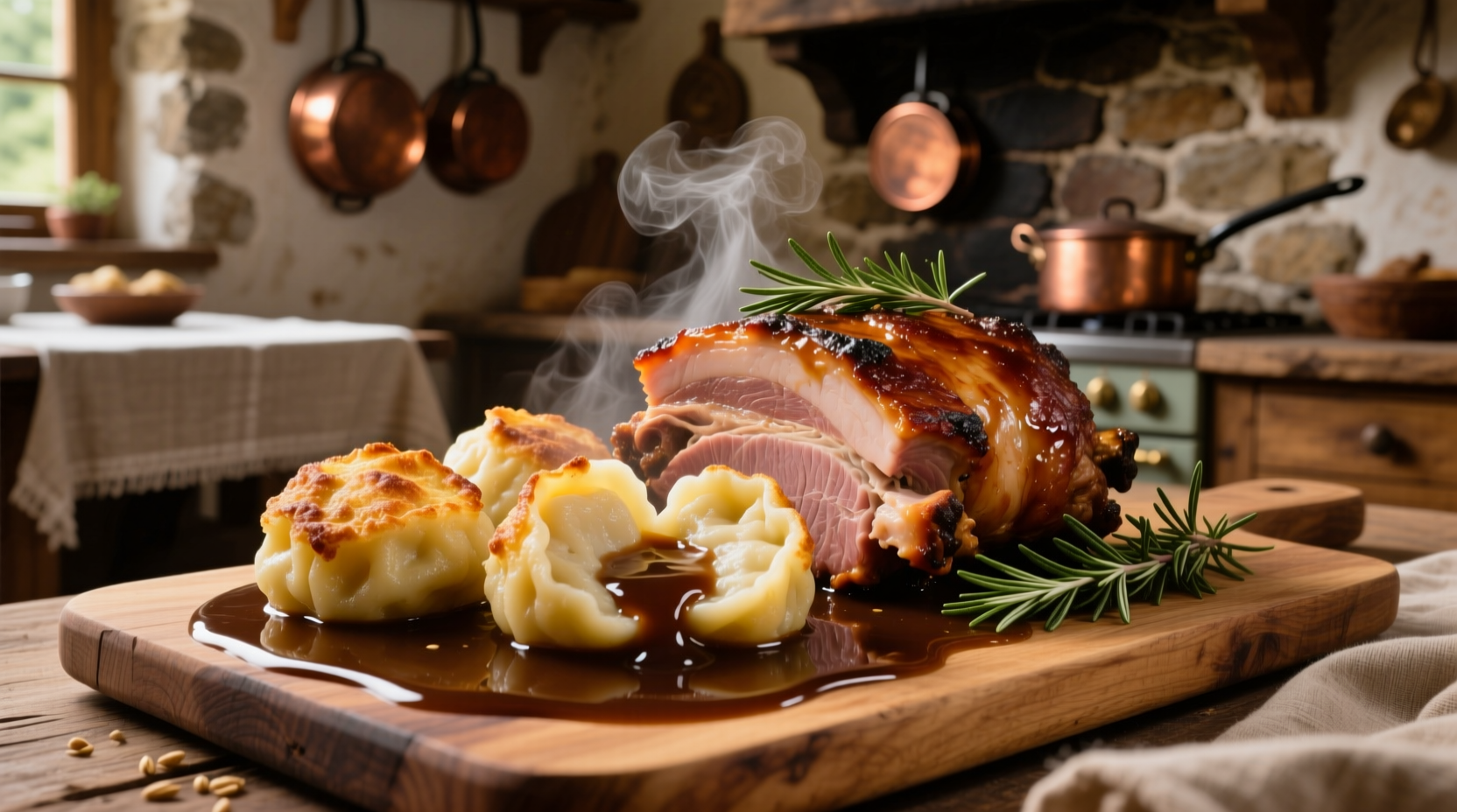 Traditional German potato dumplings served with roast pork and gravy