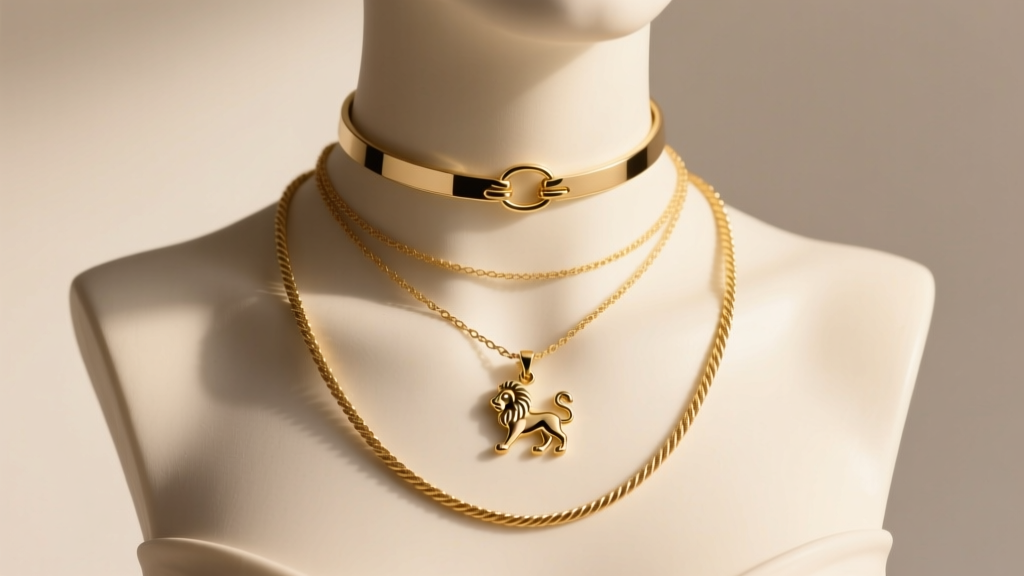 Layered 14k gold necklaces showing a paperclip choker, mid-length zodiac pendant, and long cable chain on a bust in warm light