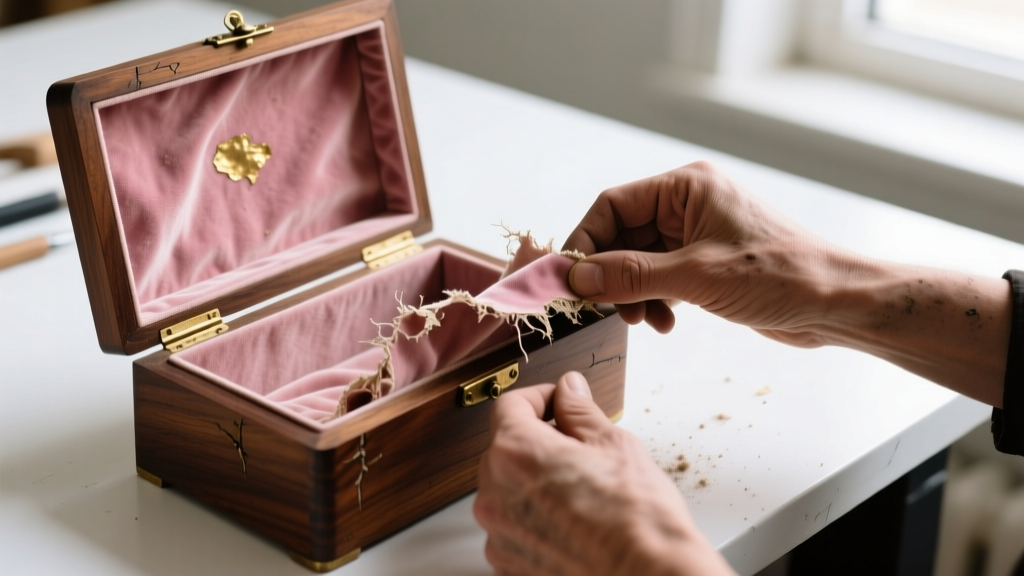 Hands peeling brittle pink velvet lining from the interior of an antique wooden jewelry box resting on a clean workbench surface.