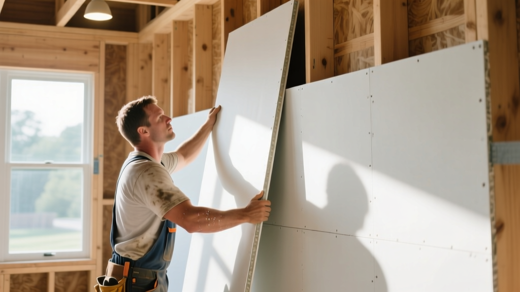 Construction worker lifting a 4x8 sheet of standard half-inch gypsum board onto a wood-framed wall in a brightly lit residential build