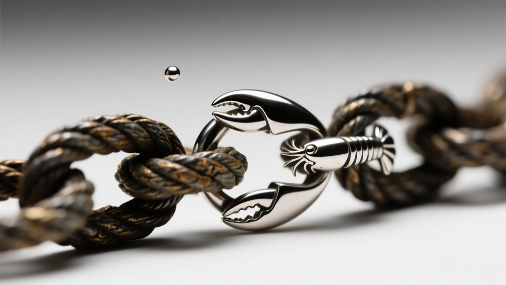 Macro shot of a new 7mm sterling silver lobster clasp replacing a broken spring ring on an oxidized 1980s rope chain.