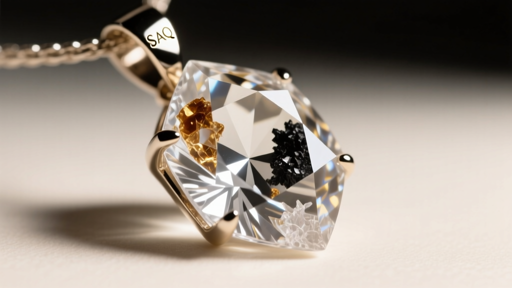 Macro shot of raw Herkimer diamond quartz inside a SAQ pendant, highlighting natural carbon deposits and sharp geometric facets.