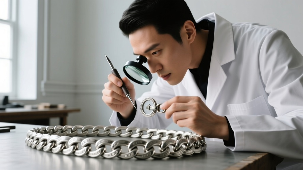 Jeweler using a loupe to inspect the clasp of a heavy silver chain, soft window light highlighting the stamped metal texture.