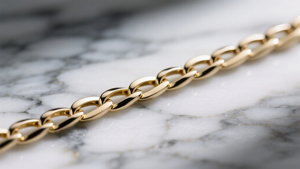 Macro shot of a 3mm 18k white gold Figaro chain showing alternating links on a blurred marble surface under soft diffused lighting
