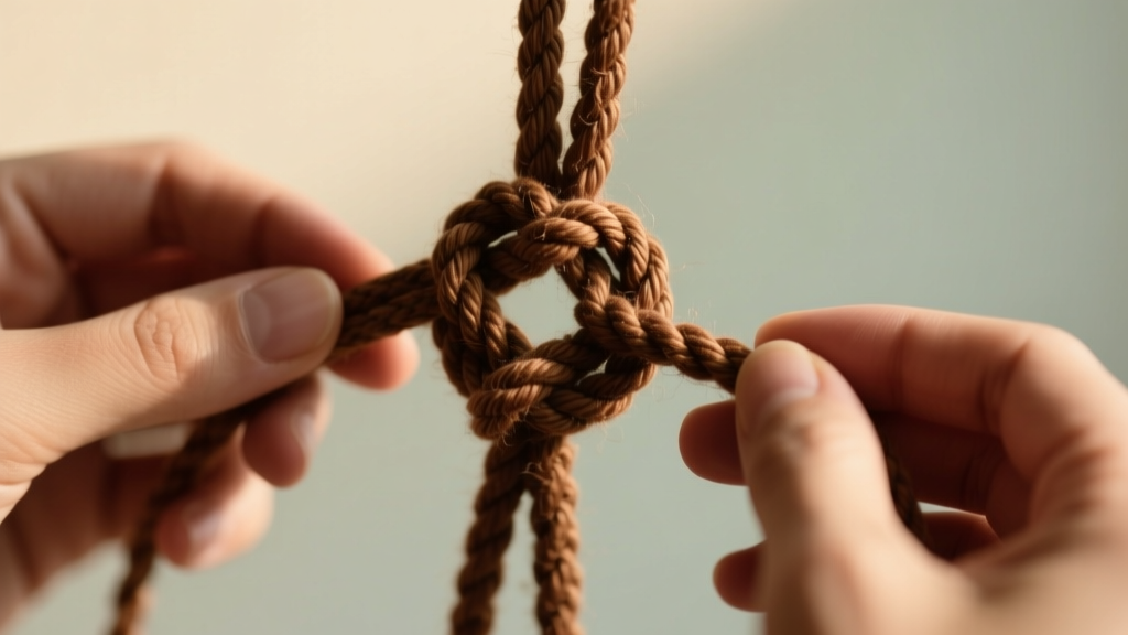 Close-up of hands tying a macrame sliding square knot on brown waxed cotton cord, soft natural lighting, shallow depth of field.