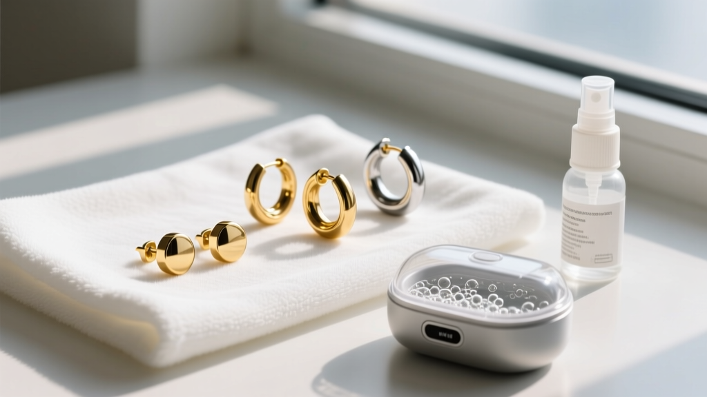 Gold and titanium stud earrings and hoops laid on a microfiber cloth next to a small ultrasonic cleaner and saline spray bottle.