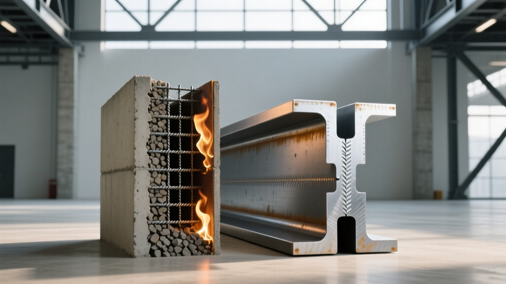 Side-by-side cross-section of a reinforced concrete column and a fireproofed structural steel I-beam in a commercial building frame