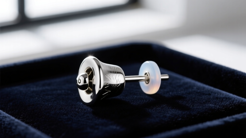 Macro shot of a 16-gauge sterling silver cowbell earring post with silicone O-ring backer, resting on dark velvet jeweler