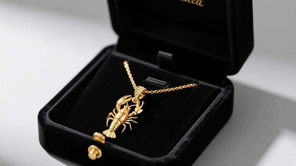 Open velvet box revealing an 18k gold pendant necklace, soft studio lighting highlighting the delicate lobster clasp.