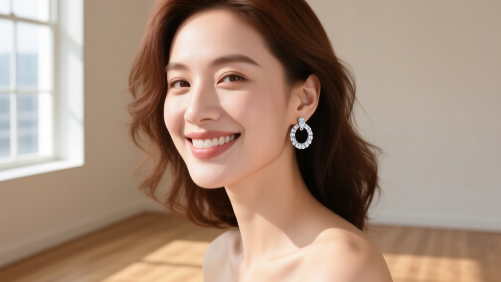 Woman wearing rhodium-plated sterling silver huggie earrings with pave zirconia, smiling softly in natural afternoon sunlight