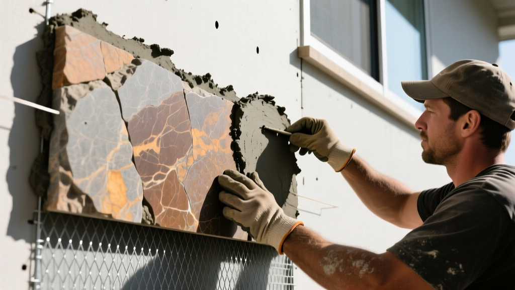 Mason applying Type S mortar to the back of a thick natural limestone veneer piece before pressing it onto a prepared exterior wall lath