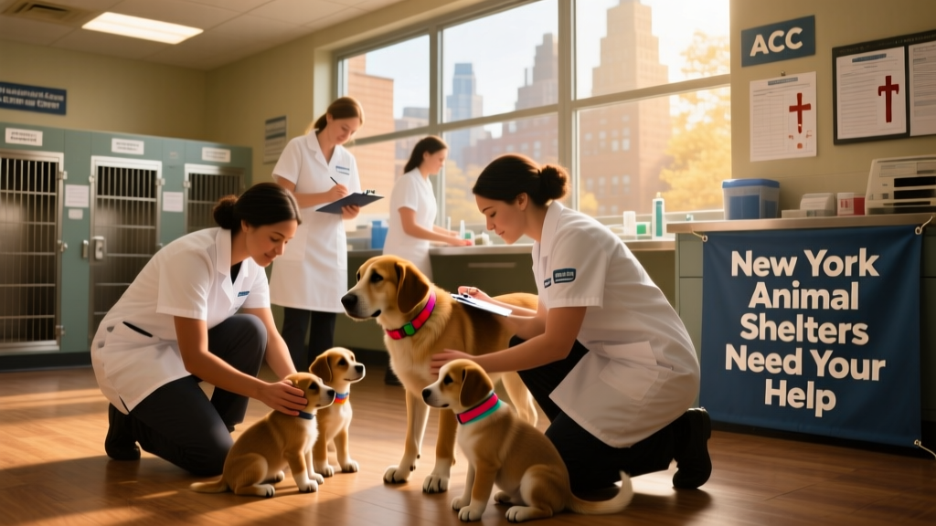 Volunteer team assisting dogs during intake and wellness check at an ACC facility
