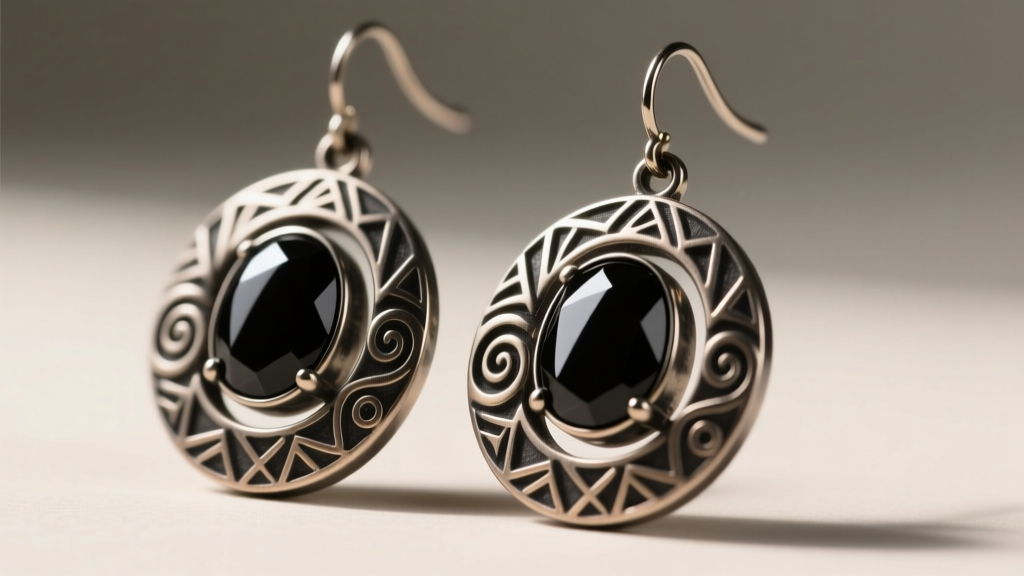 Anime-inspired dark fantasy oxidized titanium drop earrings with tribal engravings and polished black onyx cabochon gemstones.