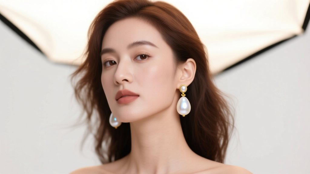Woman wearing white South Sea teardrop pearl earrings, soft studio lighting highlighting the deep luster and an 18k gold post.