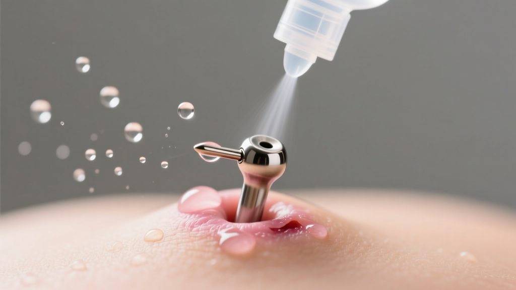 Sterile saline being sprayed onto a healing 14-gauge titanium navel earring under soft, warm clinical studio lighting conditions.