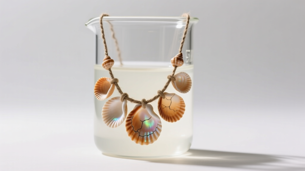 Vintage puka shells necklace in a glass beaker with mild alkaline solution, illuminated by soft, diffused studio lighting.