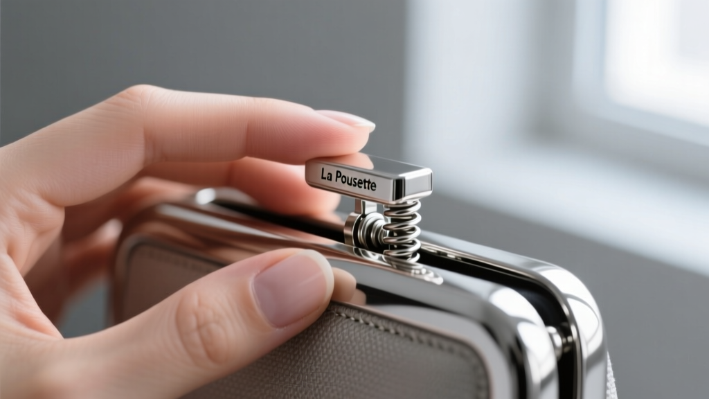 Close-up of fingers squeezing the side tabs of a platinum La Pousette locking clutch to engage the internal spring mechanism.