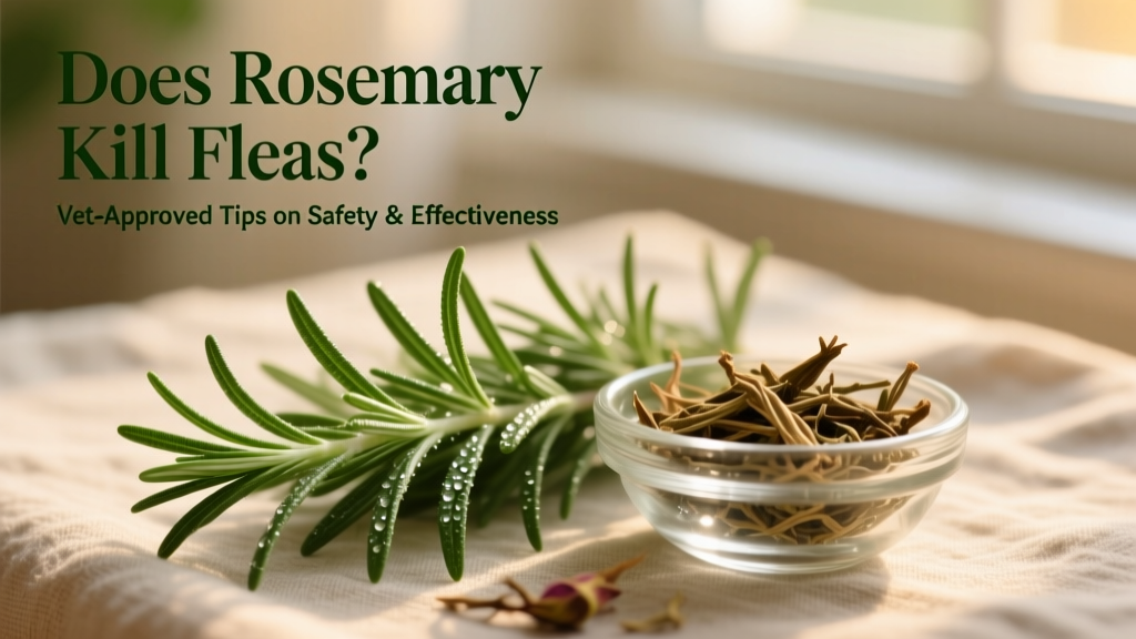 Fresh rosemary sprigs next to a small glass bowl of dried rosemary leaves