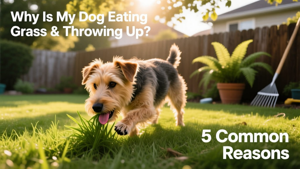 A medium-sized dog chewing on fresh green grass in a sunlit yard