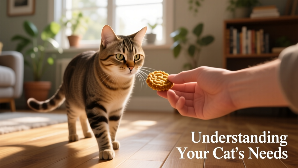 Close-up of a hand offering a small treat to a cat who is walking calmly toward the person, not meowing