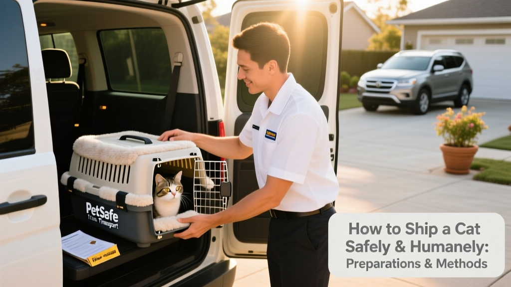 A professional pet transporter gently placing a cat carrier into a climate-controlled van