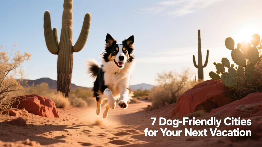 A border collie running across a sun-drenched trail in the McDowell Sonoran Preserve near Scottsdale, with saguaro cacti in the background