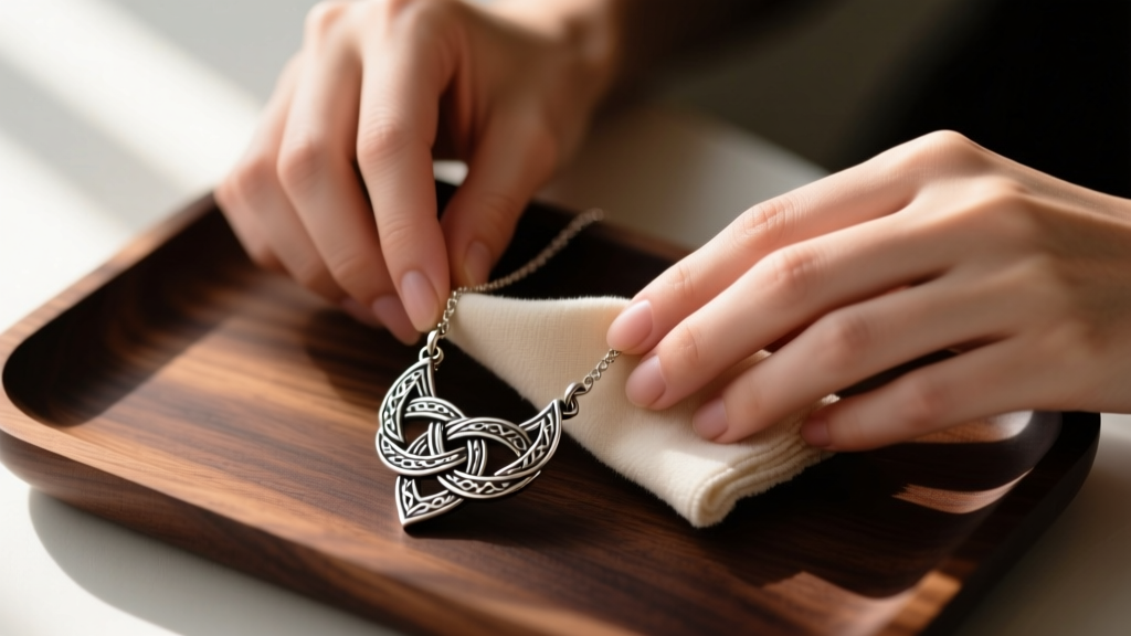 Hands gently polishing oxidized silver Celtic motherhood knot necklace with a microfiber cloth over a dark wooden jewelry tray.