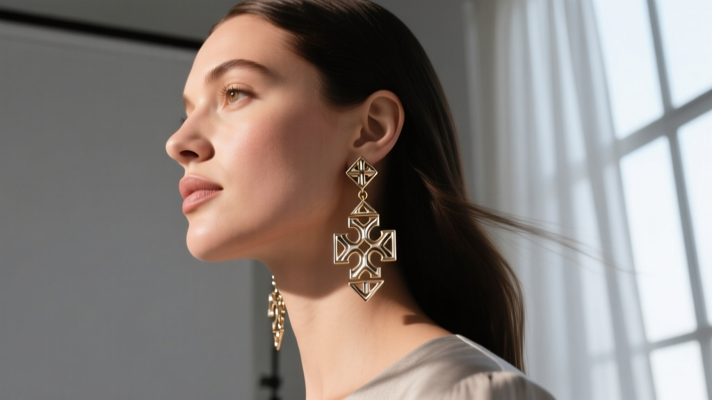 Side profile of a woman with a round face wearing long Tori Burch Miller dangle earrings against a neutral grey studio backdrop.