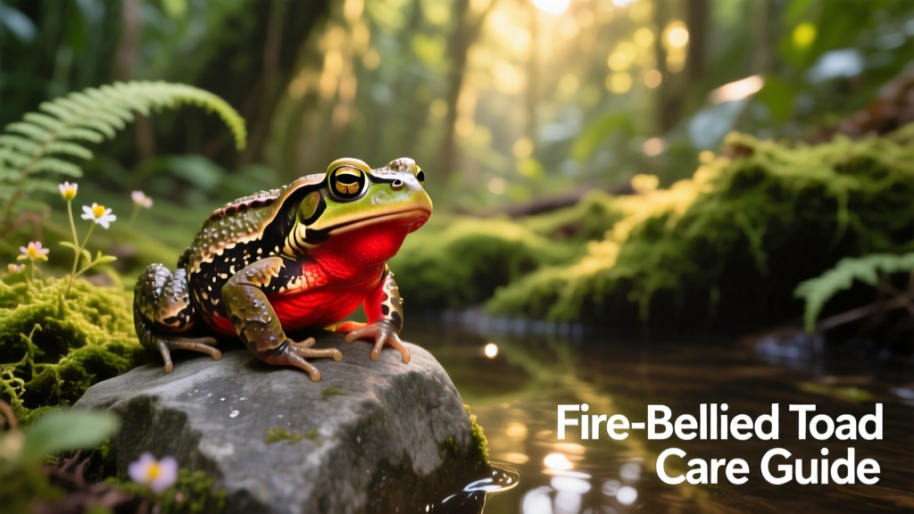 Close-up of a fire-bellied toad sitting on a rock beside a shallow water dish, with lush green moss and ferns in the background