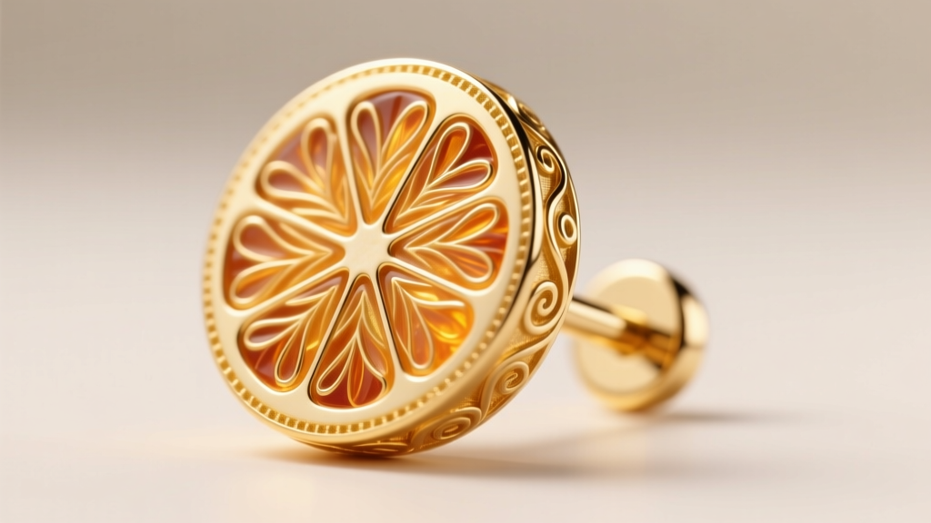 Macro shot of 18k gold cartilage stud shaped like an orange slice, showing guilloché enamel texture under bright studio lighting.