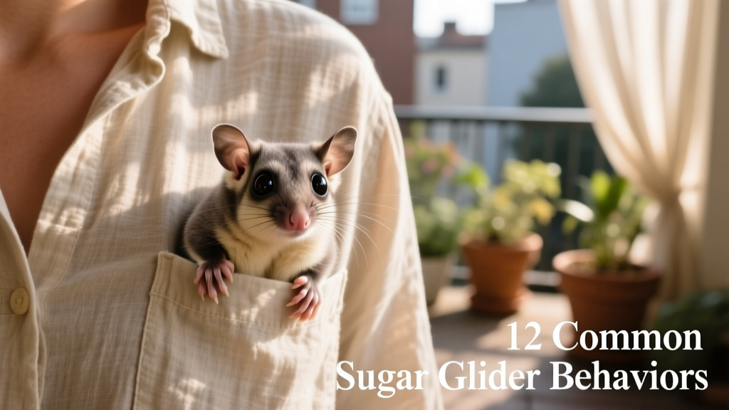 A sugar glider peeking out of a person's shirt pocket, eyes bright and alert