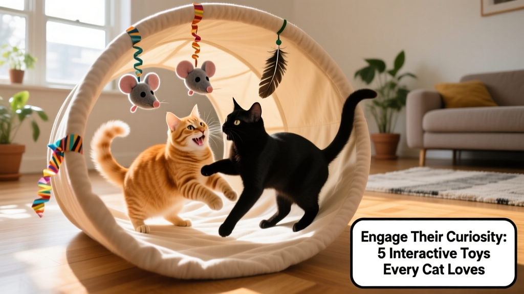 Two cats playing together inside a fabric tunnel with dangling toys