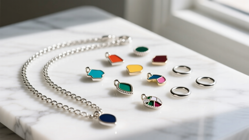 Sterling silver figaro chains, enamel charms, and 4mm jump rings arranged on white marble for a DIY permanent jewelry gift kit
