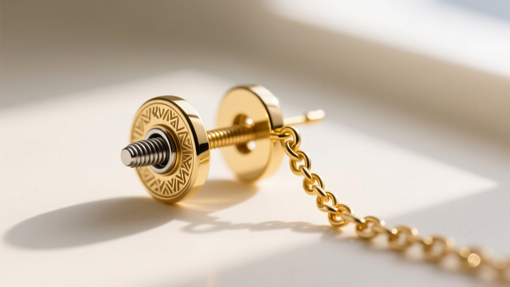 Detailed view of a heavy Kunukku earring screw-back mechanism and attached gold support chain on a jeweler's inspection mat.