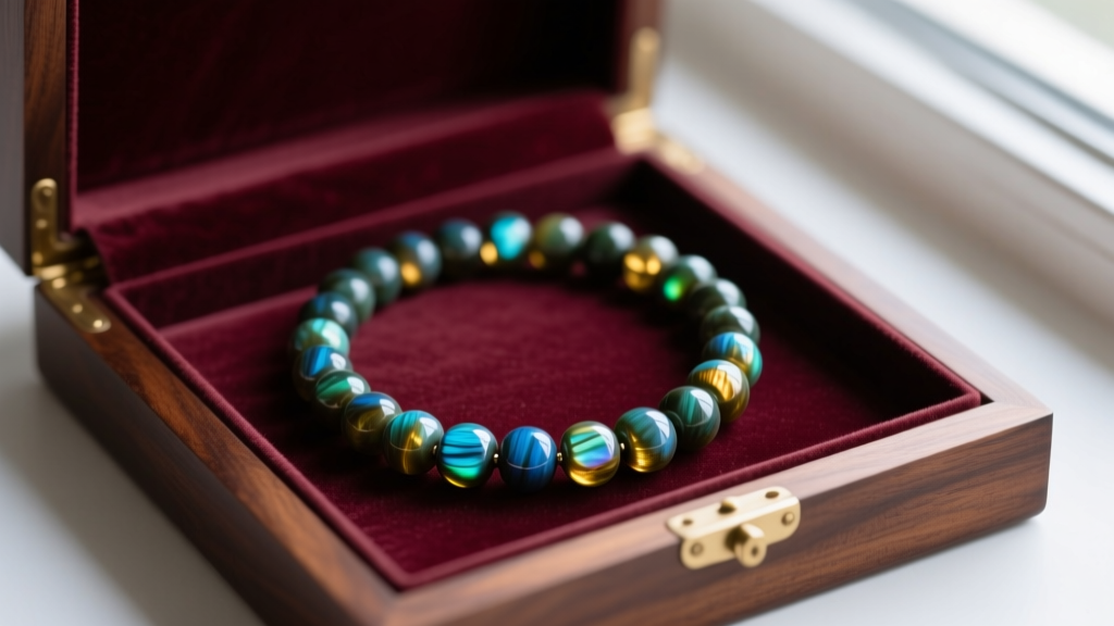 Coiled labradorite bead necklace resting inside a velvet-lined mahogany jewelry box, highlighting the stone's metallic iridescence.