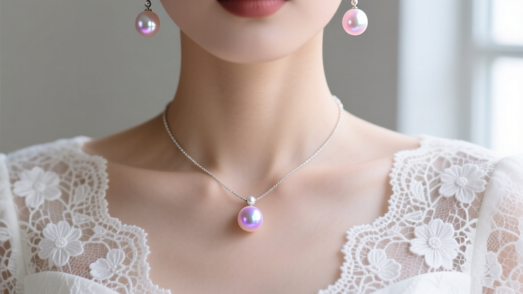 Close-up of 8mm Akoya pearl drop earrings and a delicate single-pearl pendant necklace worn against a white lace gown neckline.